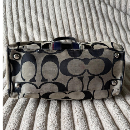 Coach Signature Stripe Satchel Bag Black Khaki Canvas Patent Leather F25526