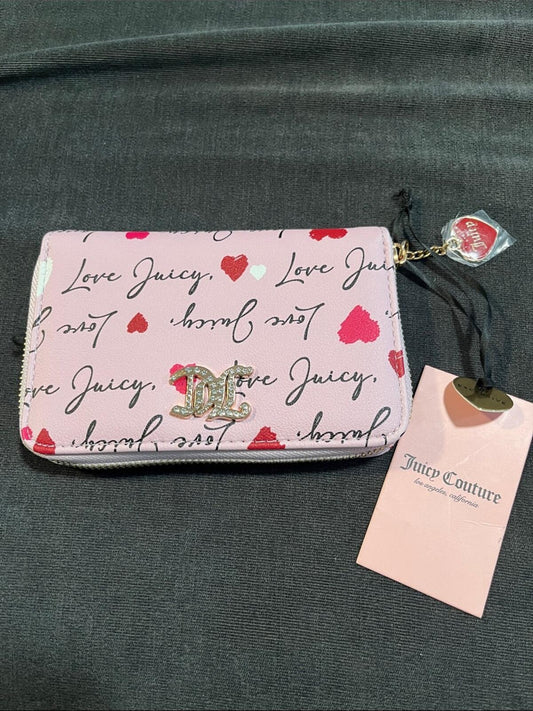 Juicy Couture Pink Script & Heart Zip-Around Wallet with Gold Logo Charm
