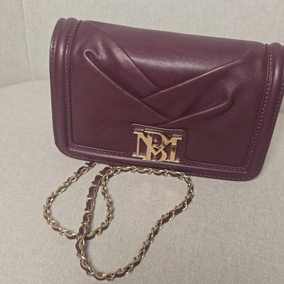 Badgley Mischka Burgundy Vegan Leather Ruched Crossbody Bag Gold Chain Strap
