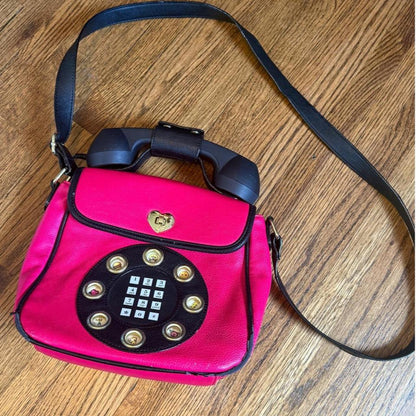 Betsey Johnson Vintage Pink Phone Purse with Black Strap - Y2K Style