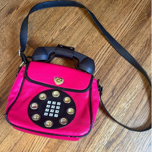 Betsey Johnson Vintage Pink Phone Purse with Black Strap - Y2K Style