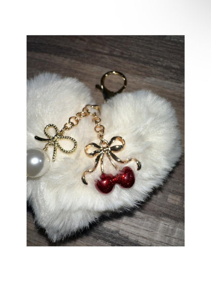 White Faux Fur Heart Keychain Charm with Bow and Cherry Accents