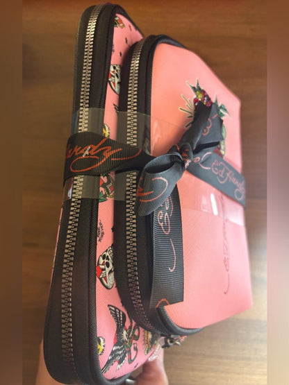 Ed Hardy Pink Cosmetic Case 2 Piece Set Love Heart Bow NWT