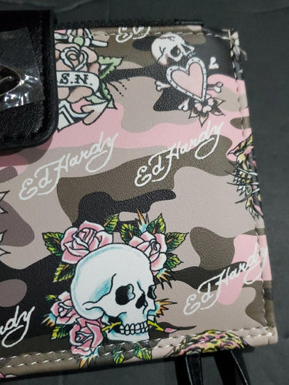 Ed Hardy Camo Tattoo XL Wallet Clutch Black Pink Gray