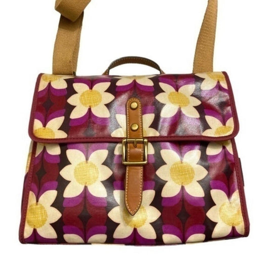Fossil Key-Per Floral Canvas Crossbody Satchel Leather Trim Retro