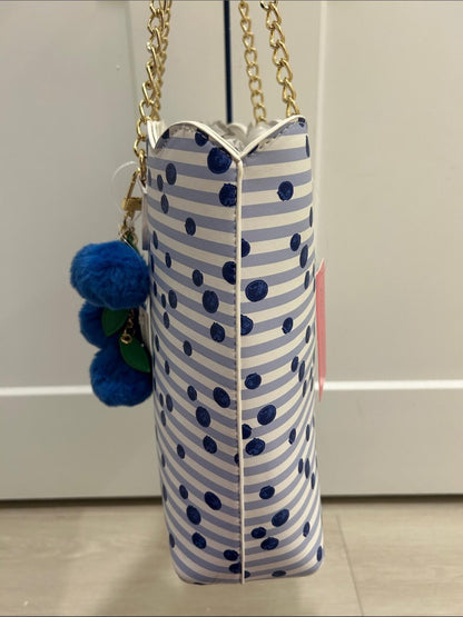 Betsey Johnson Blue Polka Dot and Stripe Scalloped Tote Bag with Pom Pom Charm