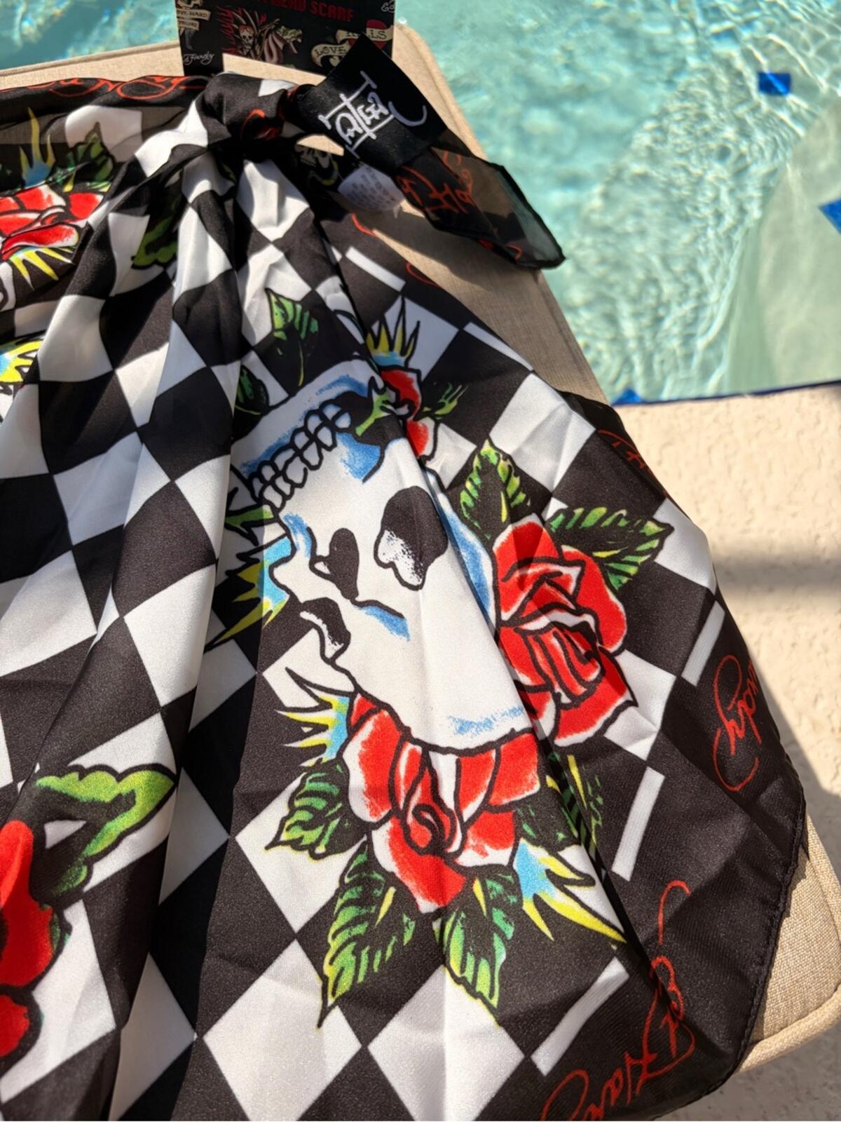 Ed Hardy Checkerboard Skull Rose Head Scarf NWT