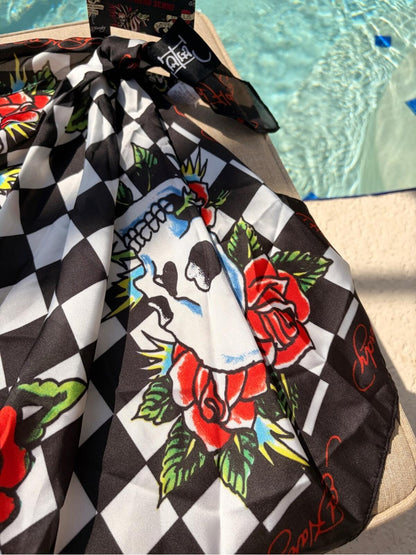 Ed Hardy Checkerboard Skull Rose Head Scarf NWT