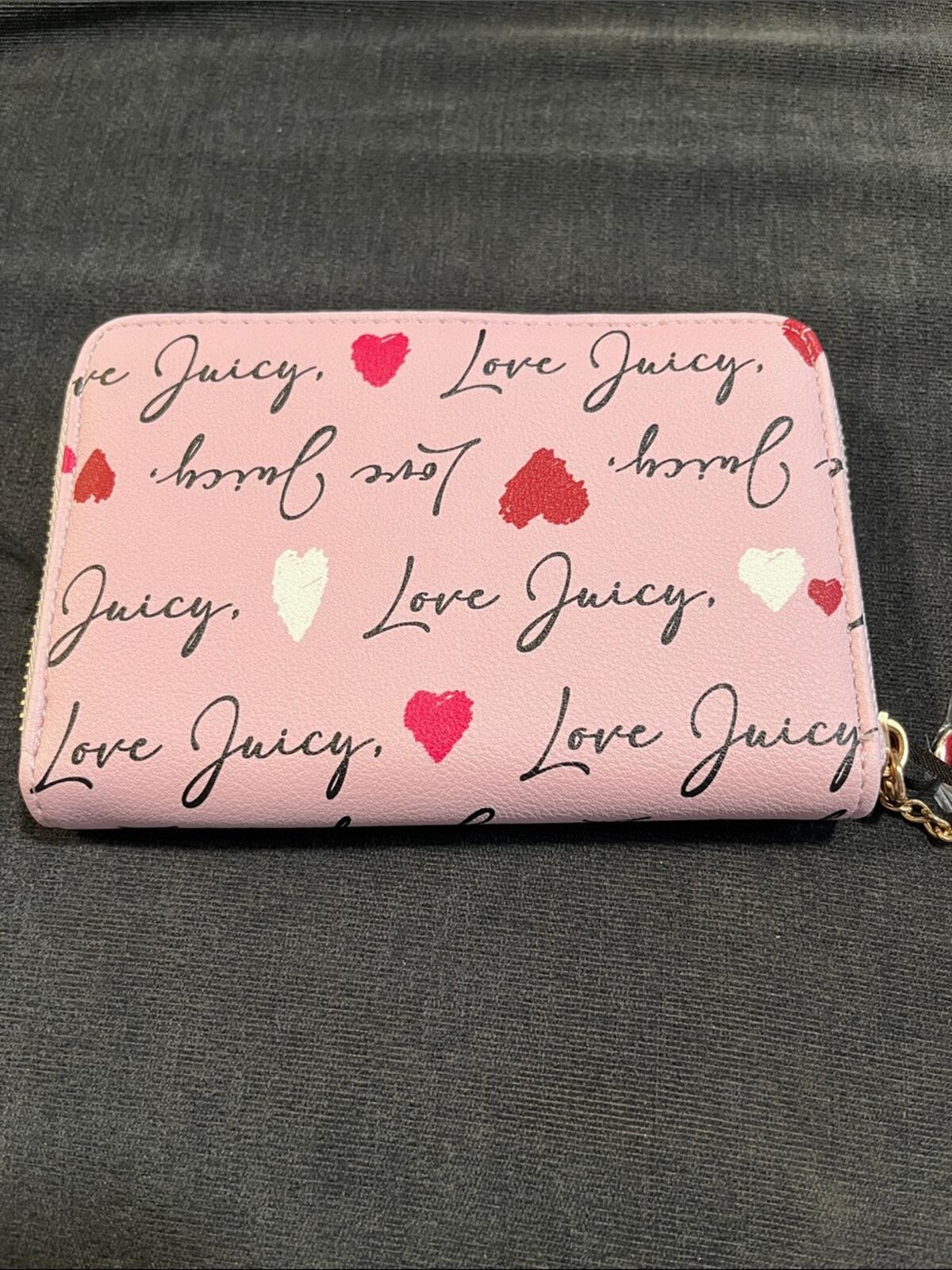 Juicy Couture Pink Script & Heart Zip-Around Wallet with Gold Logo Charm