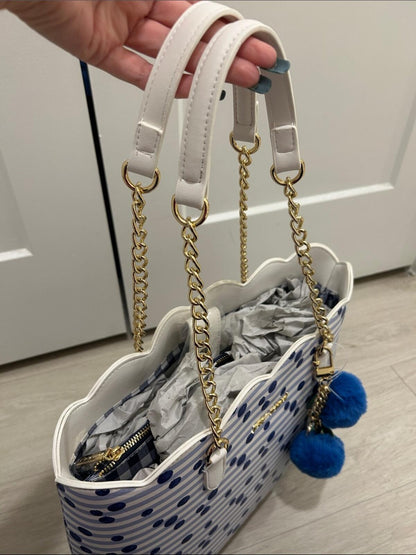 Betsey Johnson Blue Polka Dot and Stripe Scalloped Tote Bag with Pom Pom Charm