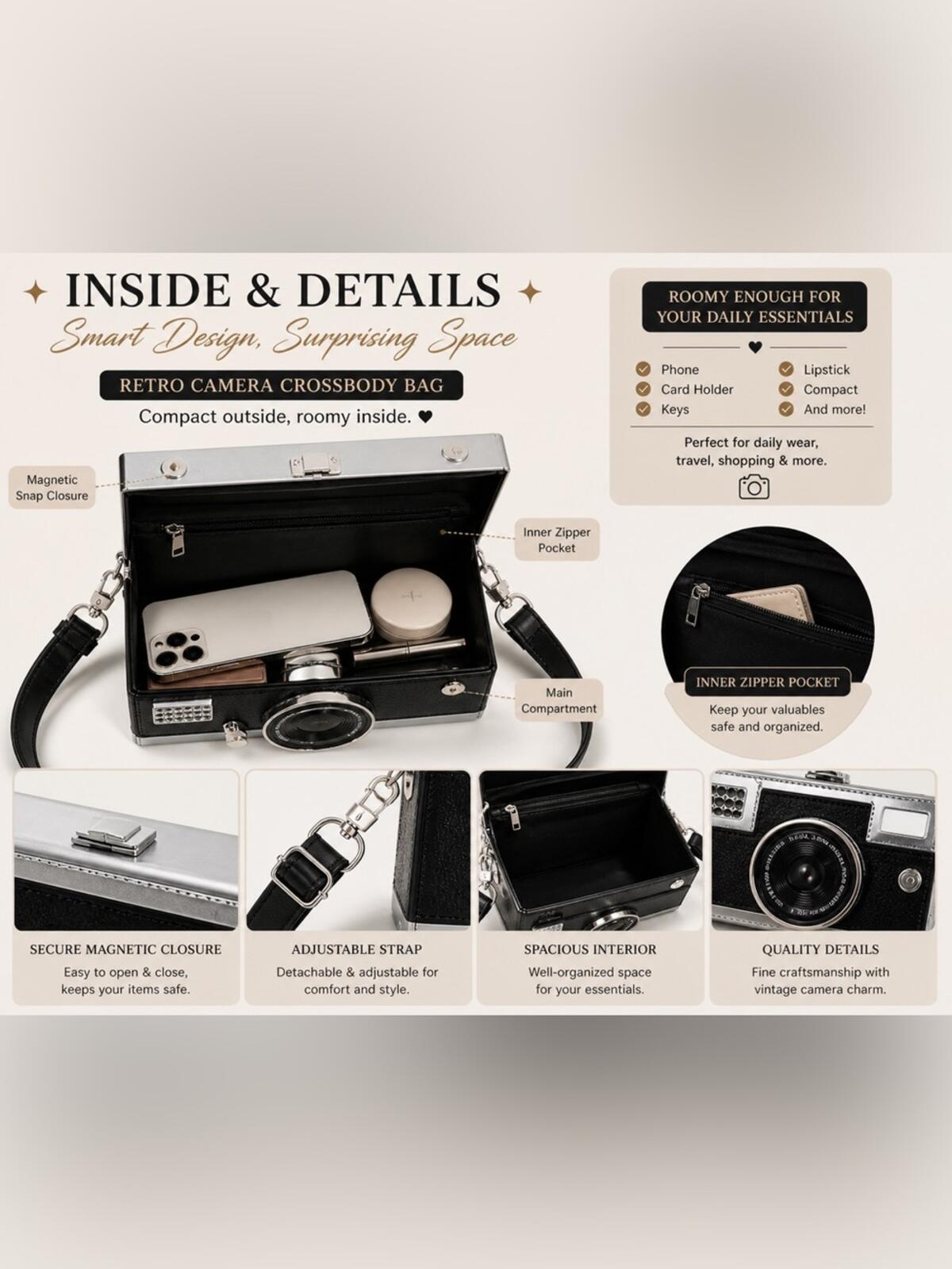 Vintage Camera Crossbody Bag + Matching Camera Earrings Retro Y2K