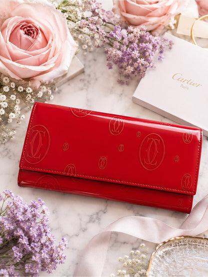 Vintage Cartier Happy BdayRed Patent Leather Flap Long Wallet Monogram C Charm