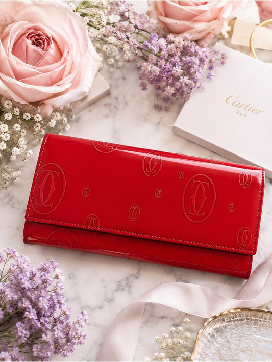 Vintage Cartier Happy BdayRed Patent Leather Flap Long Wallet Monogram C Charm