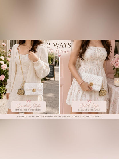 Coquette White Purse Bundle Crossbody Clutch Charm Bracelet NWOT