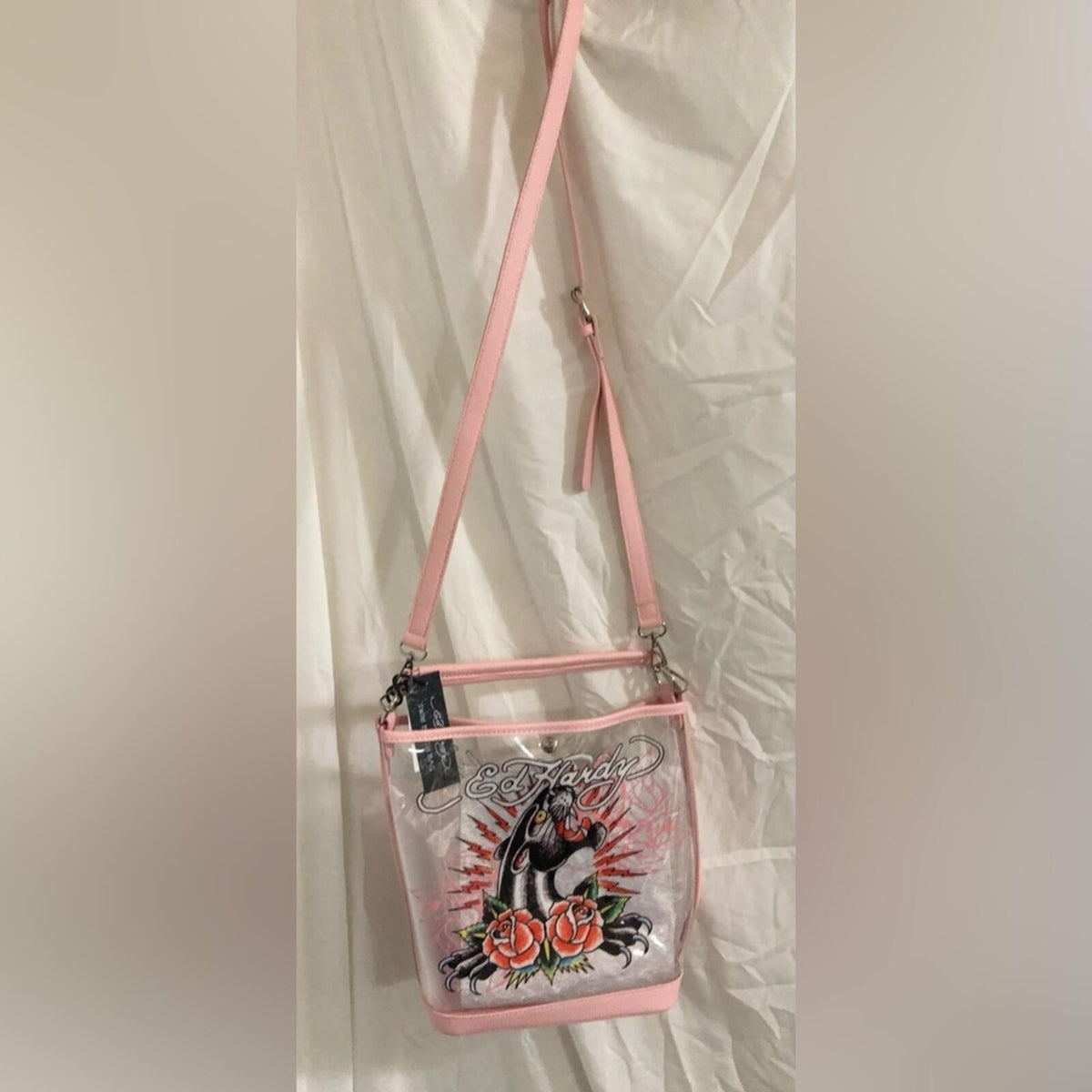 Ed Hardy Clear PVC Bucket Bag Panther Roses NWT