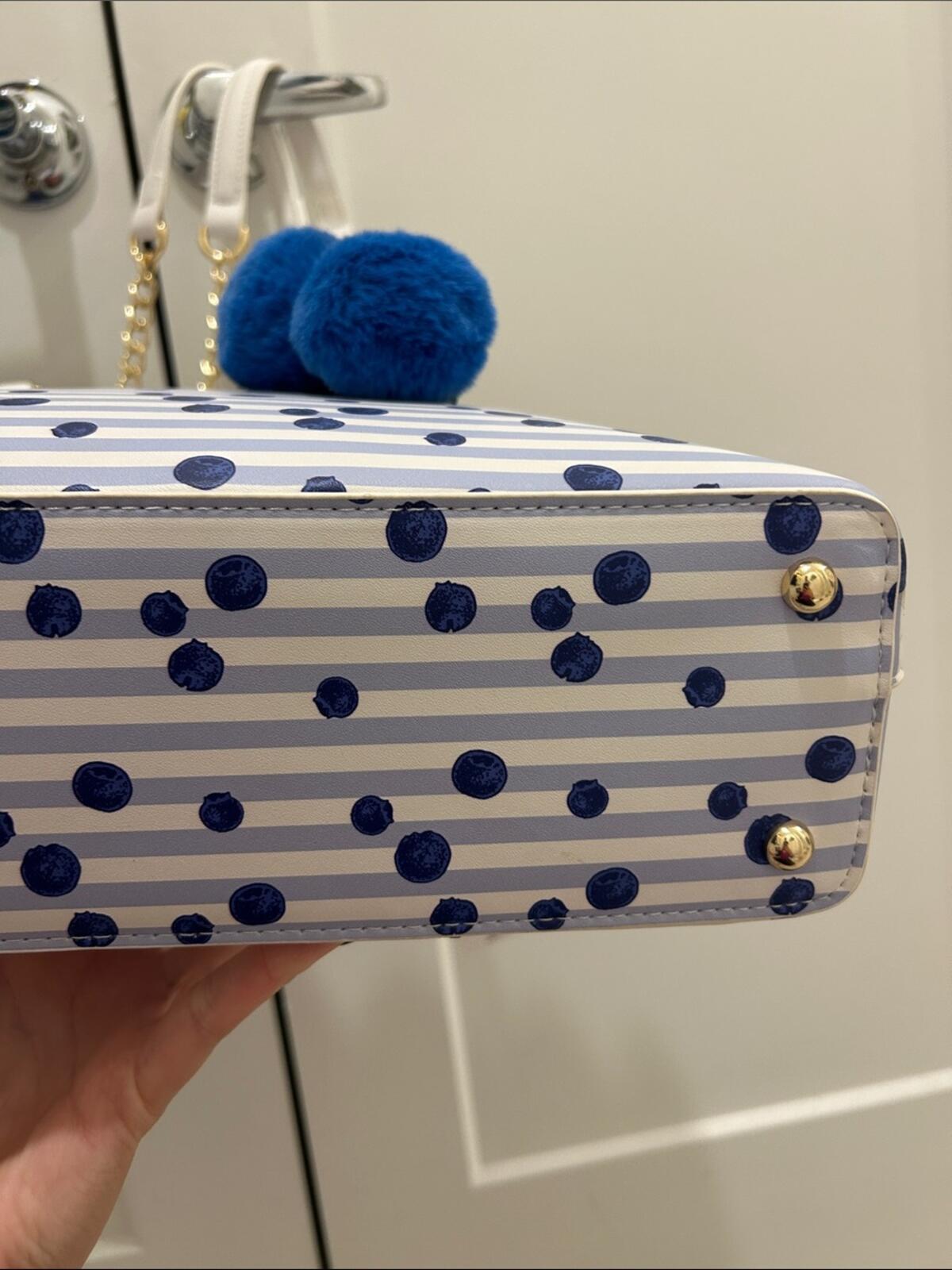 Betsey Johnson Blue Polka Dot and Stripe Scalloped Tote Bag with Pom Pom Charm
