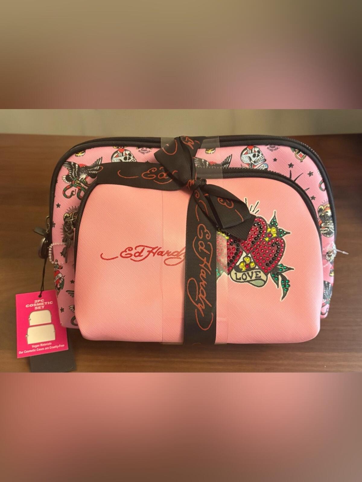 Ed Hardy Pink Cosmetic Case 2 Piece Set Love Heart Bow NWT