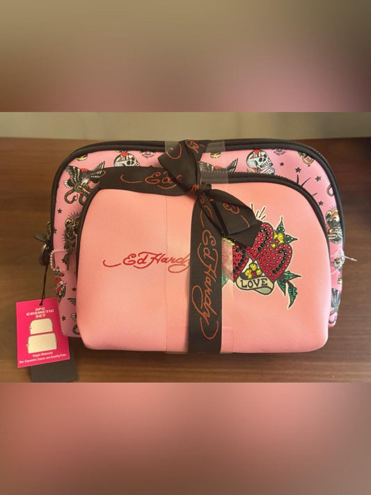 Ed Hardy Pink Cosmetic Case 2 Piece Set Love Heart Bow NWT