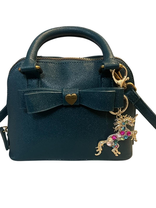 Betsey Johnson Teal Bow Crossbody Satchel Purse Rhinestone Unicorn Charm EUC