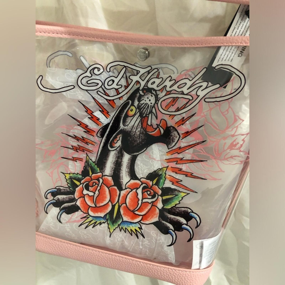 Ed Hardy Clear PVC Bucket Bag Panther Roses NWT