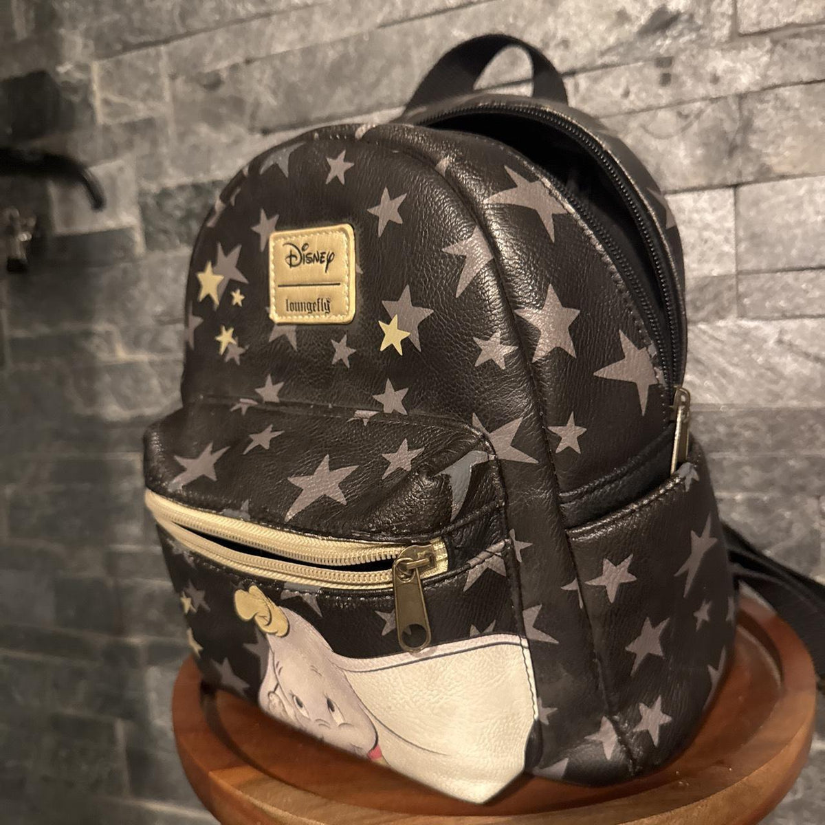 Loungefly Disney Dumbo Mini Backpack Black Gold Faux Leather