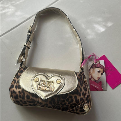 Paris Hilton New With Tags Leopard Print Gold Heart Baguette Shoulder Bag