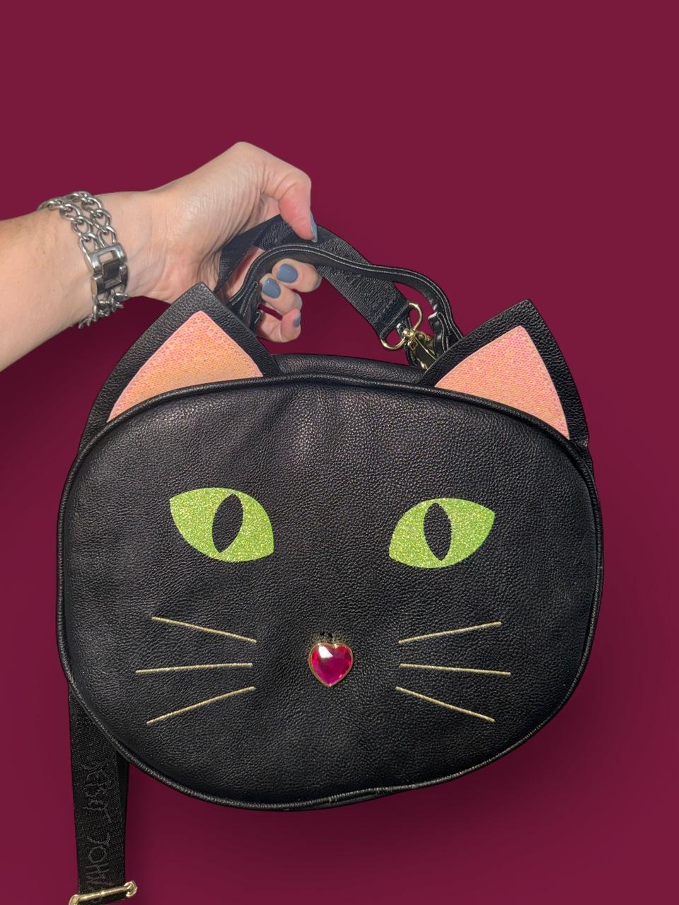 Betsey Johnson Black Cat Face Crossbody Bag Green Eyes Jeweled Nose