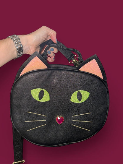 Betsey Johnson Black Cat Face Crossbody Bag Green Eyes Jeweled Nose