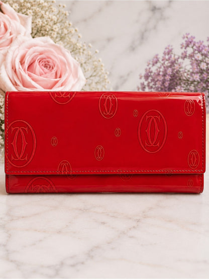 Vintage Cartier Happy BdayRed Patent Leather Flap Long Wallet Monogram C Charm