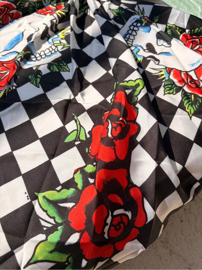 Ed Hardy Checkerboard Skull Rose Head Scarf NWT