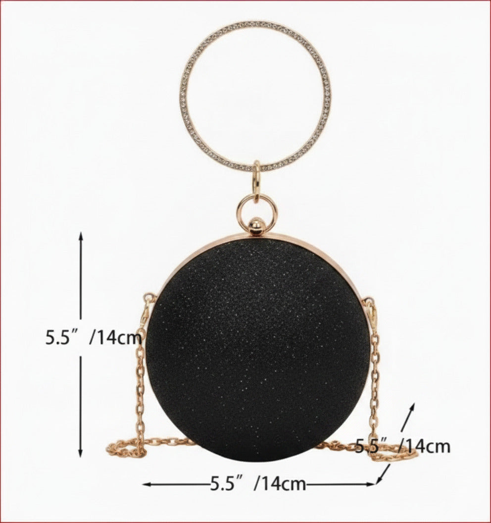 Small and Shiny Round Evening Bag with Gold Chain and Rhinestone Handle