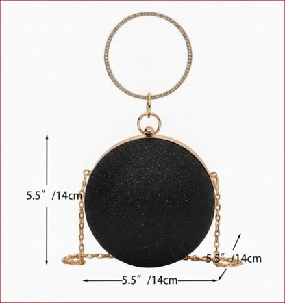 Small and Shiny Round Evening Bag with Gold Chain and Rhinestone Handle
