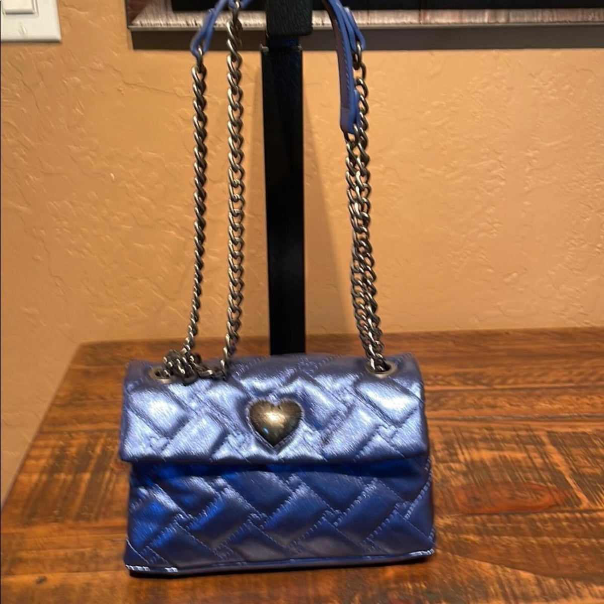 Betsey Johnson Blue Quilted Heart Crossbody Bag with Chain Strap