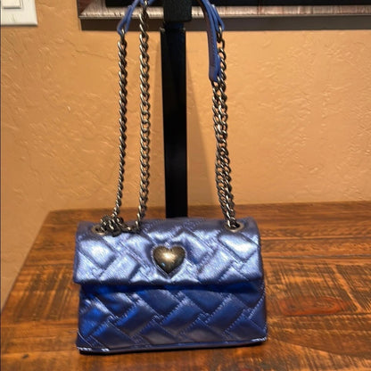 Betsey Johnson Blue Quilted Heart Crossbody Bag with Chain Strap