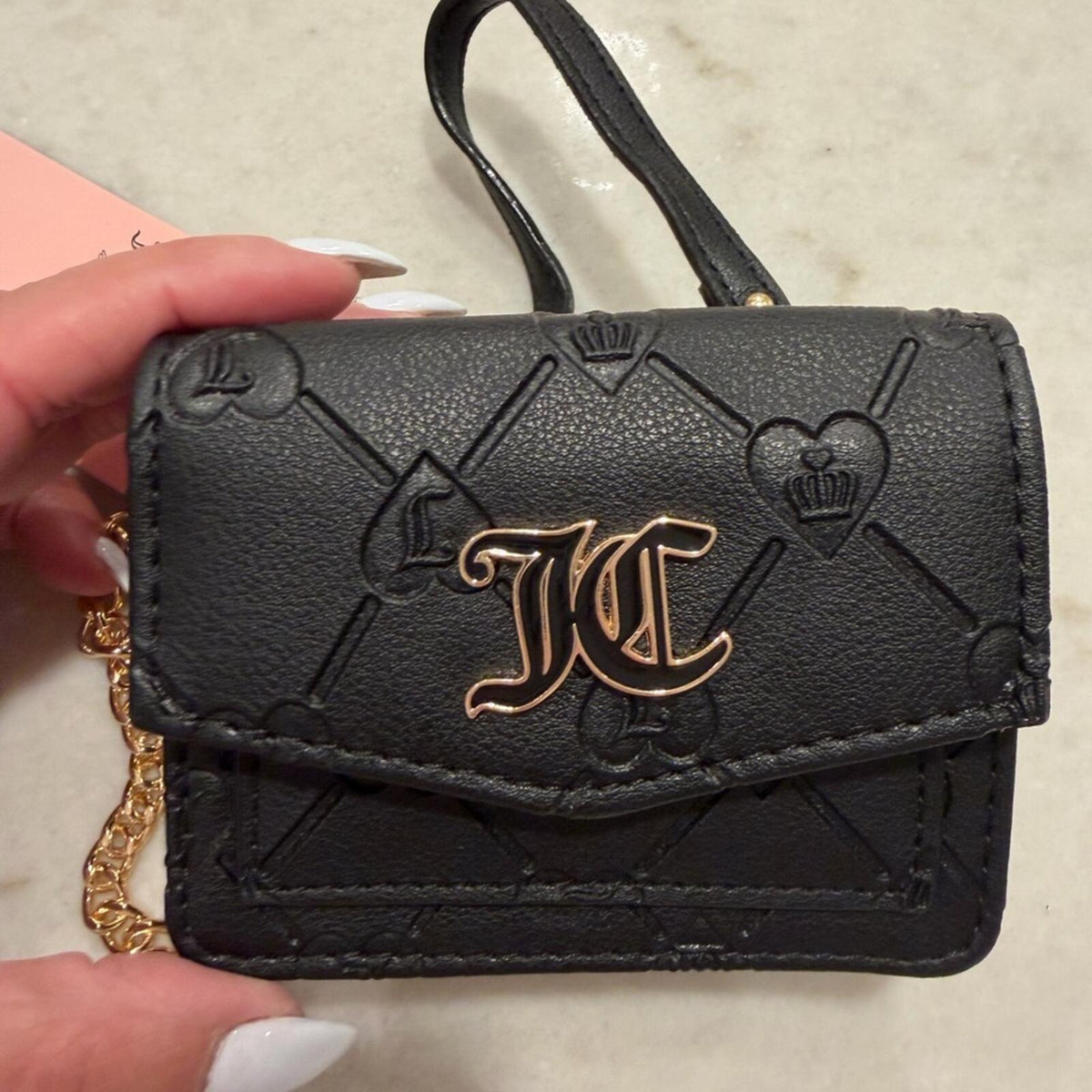 Juicy Couture Black Embossed Mini Crossbody Shoulder Bag with Gold Chain