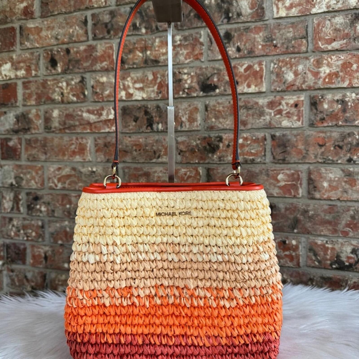 Michael Kors Woven Straw Ombre Tote Bag with Red Trim - Multi-Color Shoulder Bag