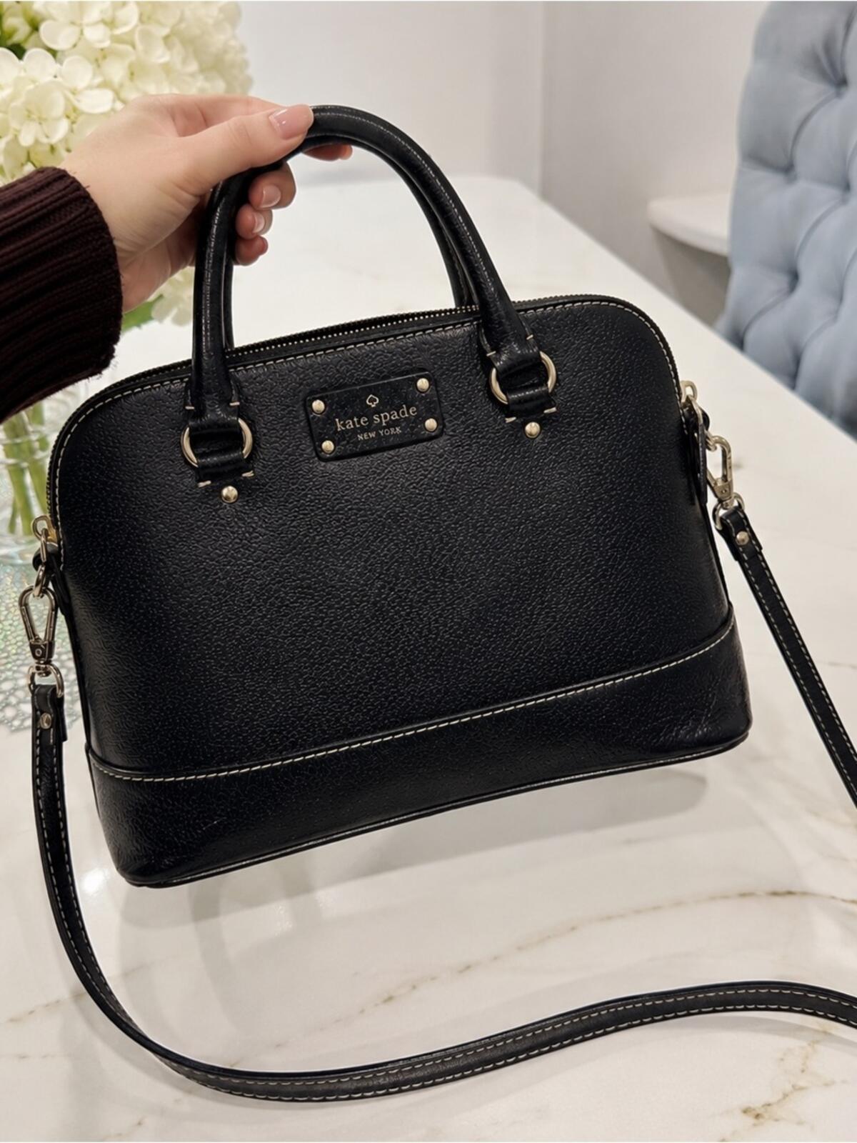 Kate Spade Wellesley Rachelle Pebbled Leather Satchel Bag Black Pink Lining