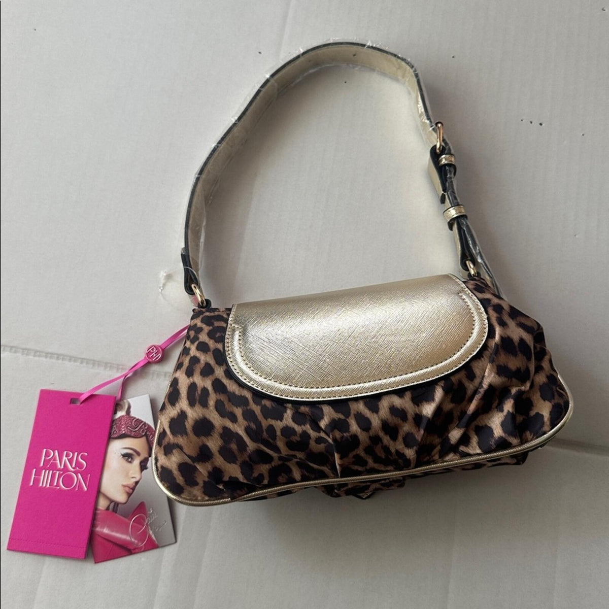 Paris Hilton New With Tags Leopard Print Gold Heart Baguette Shoulder Bag