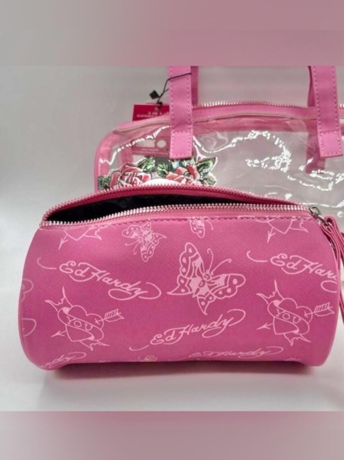 ED HARDY TRIO ft Clear & Pink Barrel Bag, Wristlet & Pouch NWT