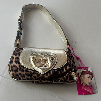 Paris Hilton New With Tags Leopard Print Gold Heart Baguette Shoulder Bag