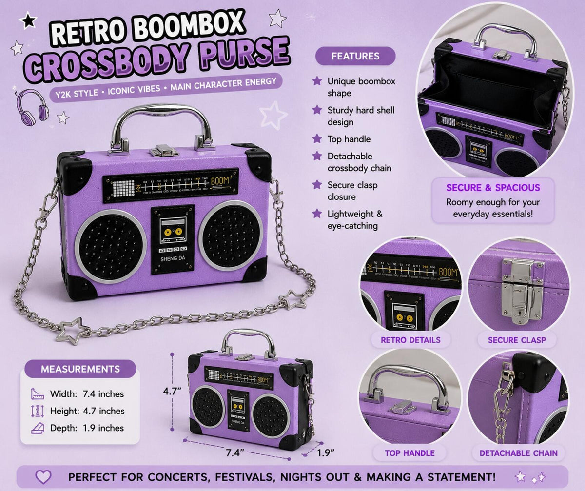 Purple Boombox Crossbody Bag Y2K Retro Radio Purse